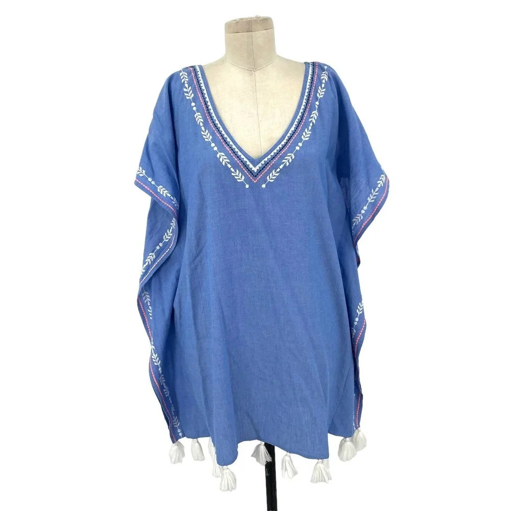 Shoshanna Swimwear Chambray Embroidered Tasseled Caftan Coverup‎ One Size